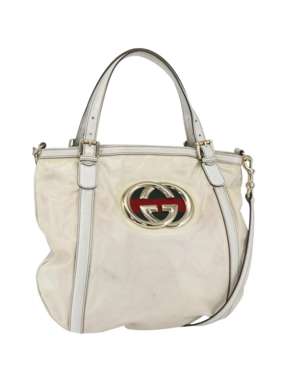 GUCCI Web Sherry Line Britt Bag Coated Canvas 2way White Gold 162886